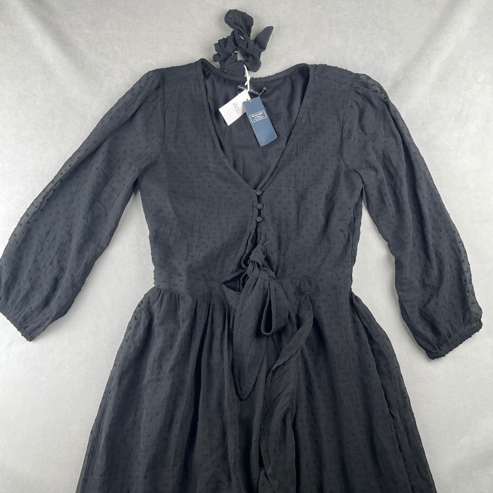 Abercrombie & Fitch Dress Womens Black Swiss Dot Ruffle Wrap Midi Tie Whimsigoth - Picture 3 of 13